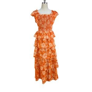 Saylor Linley Dress Orange Cotton Maxi Tiered Ruffles Floral Printed